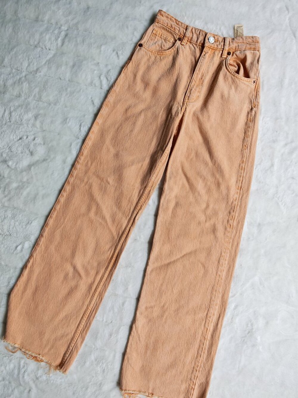 Zara Peach Wide Leg Jeans Size 2 High Rise Raw Hem Cropped Denim Pants Trendy - Picture 4 of 15